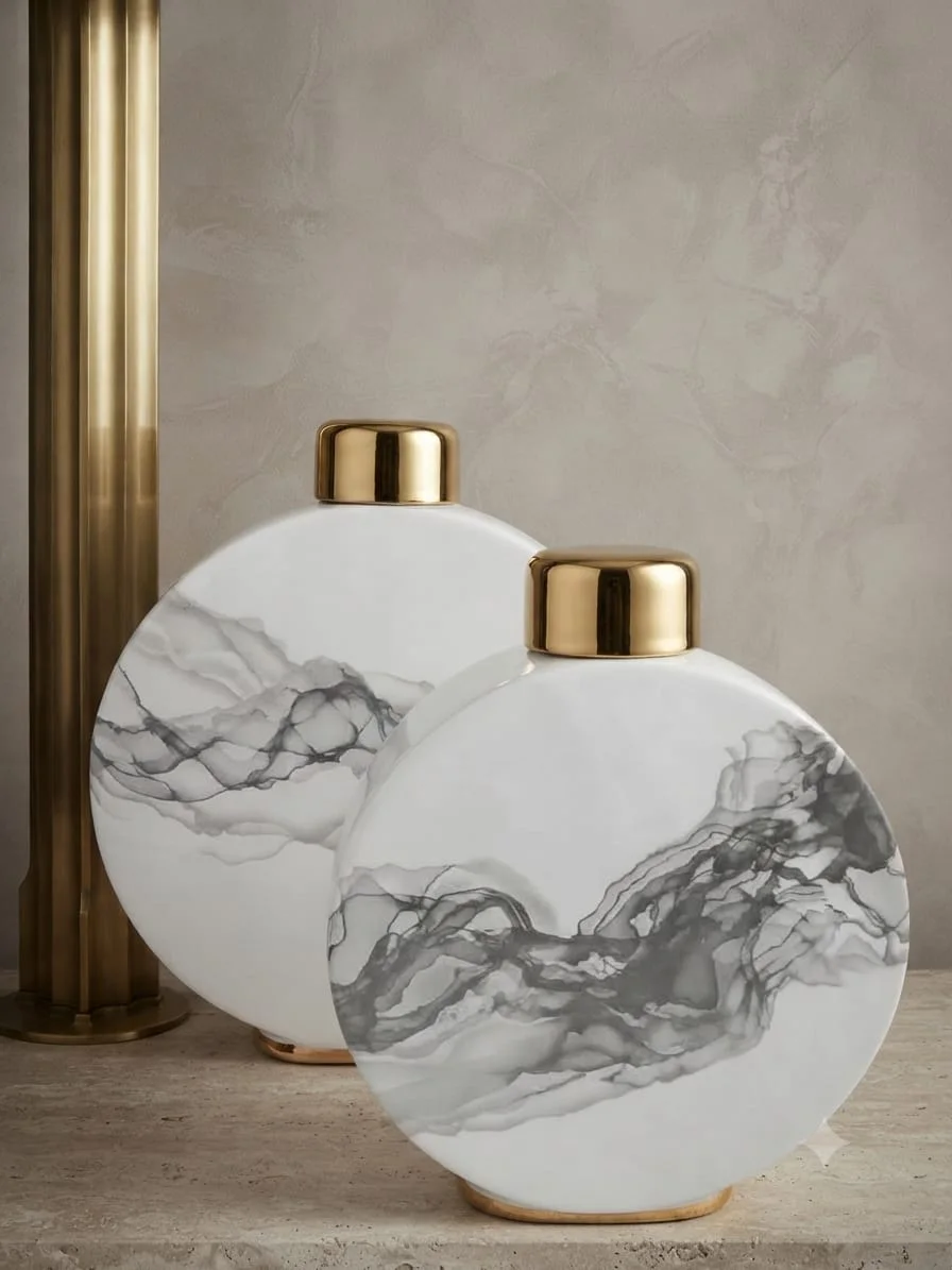 Duo de Vases Sphériques en Céramique – Motif Marbré Blanc & Col Doré