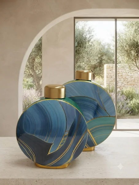 Duo de Vases Sphériques en Céramique – Motif Abstrait Bleu & Vert avec Bouchon Doré