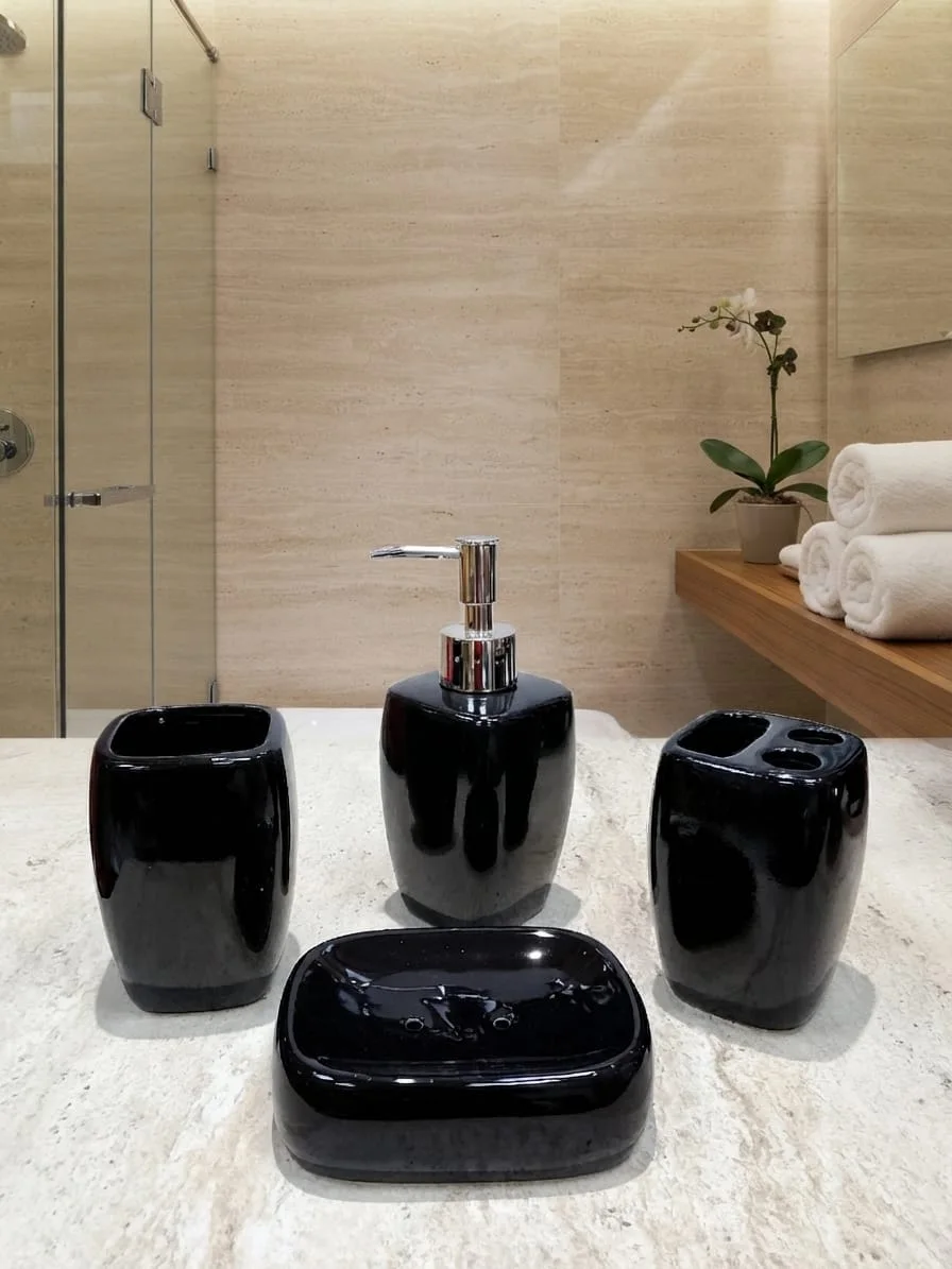 Ensemble d'Accessoires de Salle de Bain 4 Pièces en Céramique Noir Laqué