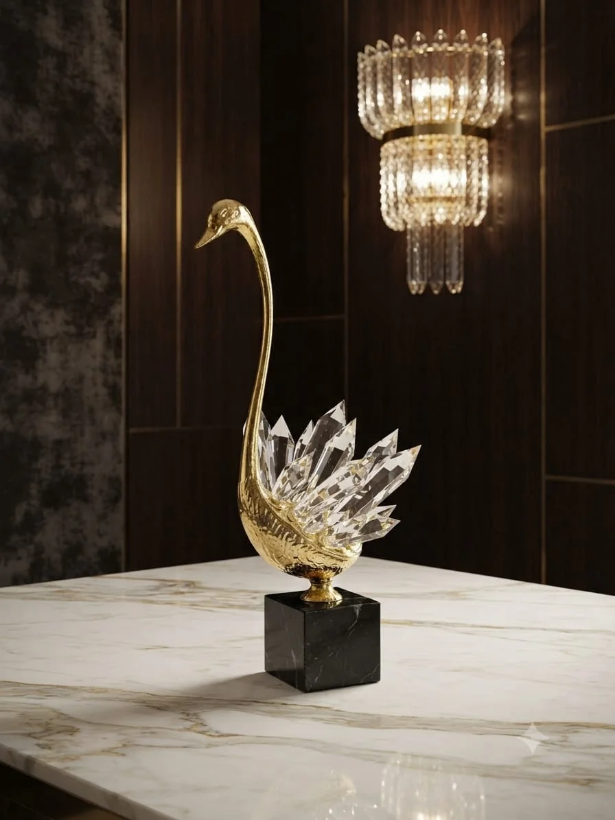 Duo de Statues Cyrgnes en Cristal & Dorures – Design Sculptural de Luxe