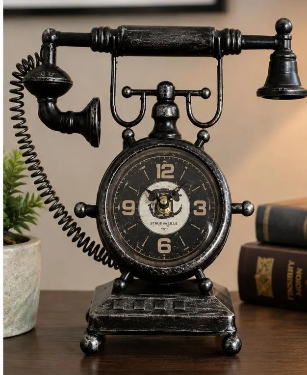 Horloge Décorative Style Téléphone Vintage Noir & Bronze