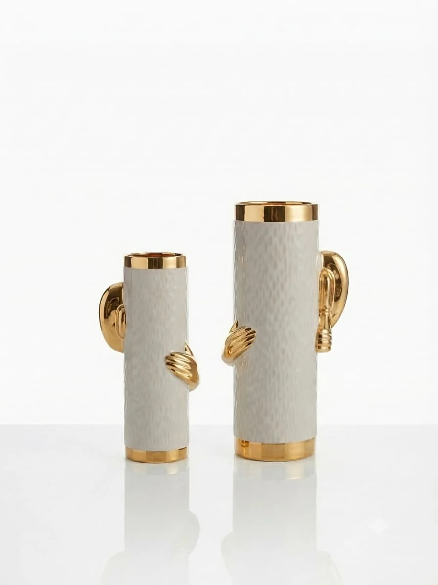 Vase Sculptural Luxueux d'art  Gris & Dorures en Relief