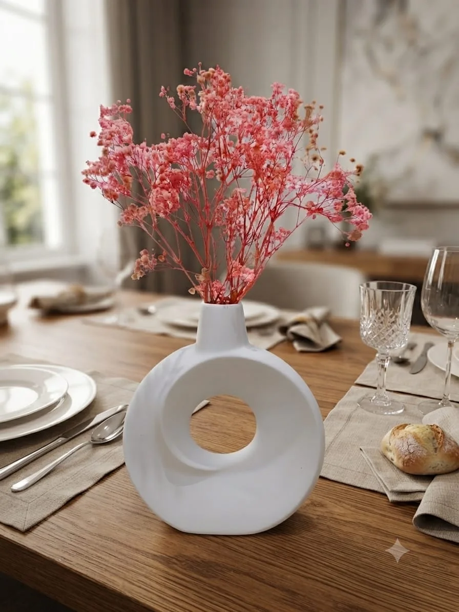 Vase Sculptural en Céramique – Design Anneau Texturé Blanc & Fleuri