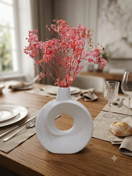 Vase Sculptural en Céramique – Design Anneau Texturé Blanc & Fleuri