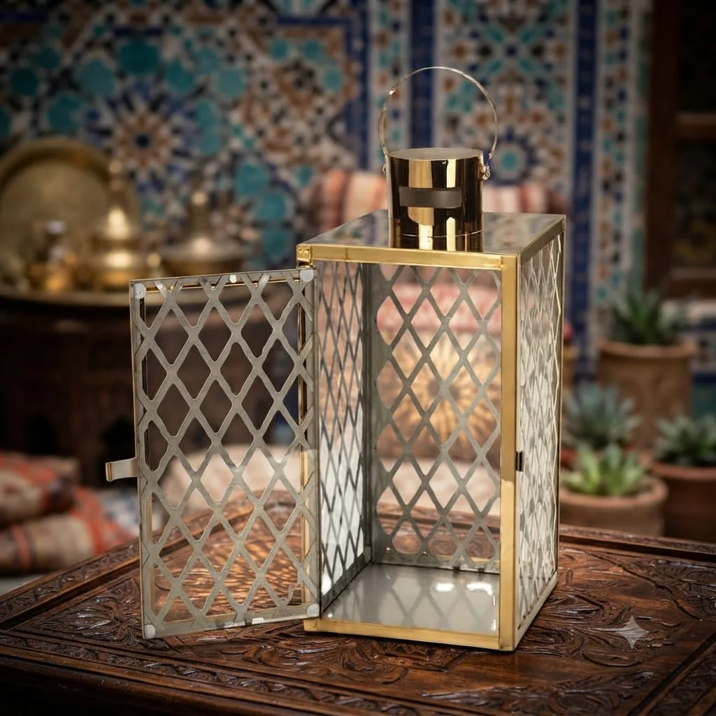 Lanterne Décorative Orientale – Structure en Métal Doré Ciselé & Verre