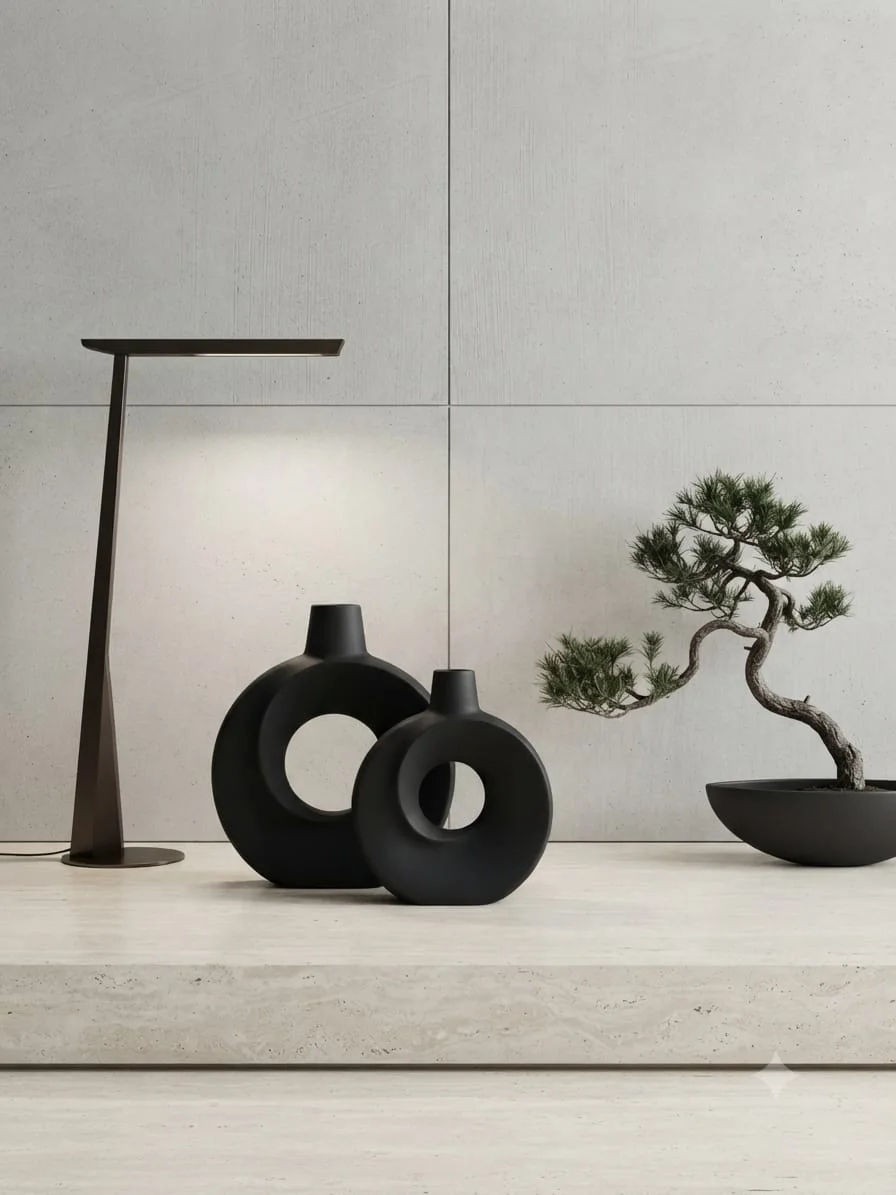 Duo de Vases Anneaux Sculpturaux en Céramique Noir Mat