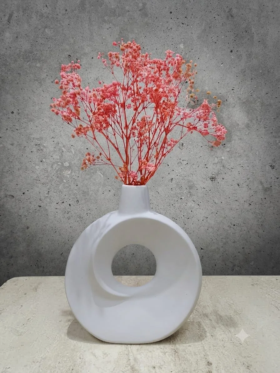 Vase Sculptural en Céramique – Design Anneau Texturé Blanc & Fleuri