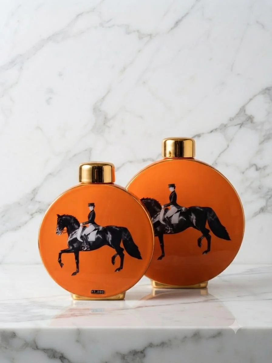 Deux Vases Avec Couvercle En Porcelaine Orange