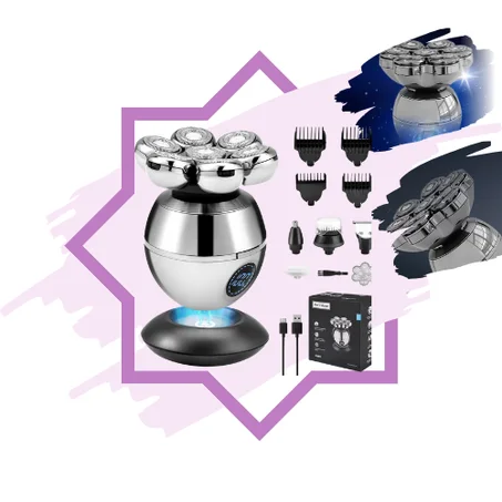 ماكينة حلاقة جمجمة للرجال، ماكينة حلاقة 7D براس أصلع، ماكينة حلاقة دوارة 6 في 1 للاستخدام الرطب والجاف، ماكينة حلاقة كهربائية مقاومة للماء بدرجة IPX7 مع شاشة LED، قابلة لاعادة الشحن