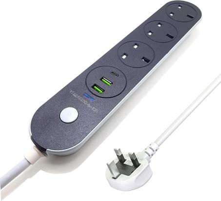 سلك تمديد الطاقة، شريط طاقة بطول 5 متر يحتوي على 2USB 1PD نوع C ومقبس طاقة 3UK