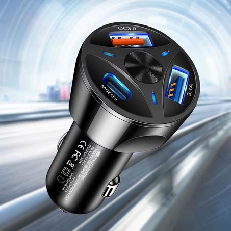 شاحن سيارة 3في1 وكابل بقدرة شحن عالية 45 واط