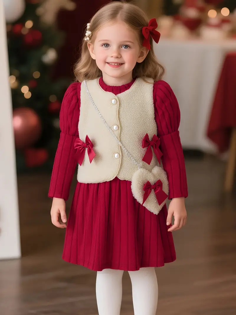 طقم بناتي مكوّن من فستان بأكمام طويلة + فستة بلا أكمام