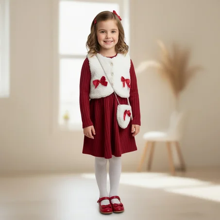 طقم بناتي مكوّن من فستان بأكمام طويلة + فستة بلا أكمام