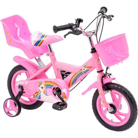 Kinderfahrrad Mädchen – Rosa Einhorn, Stahlrahmen, Stützräder, Korb & Puppensitz