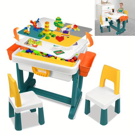 Kinder-Spiel-Tisch mit 2 Stühlen & 300 Bausteinen – Multifunktionales Aktivitätstisch-Set