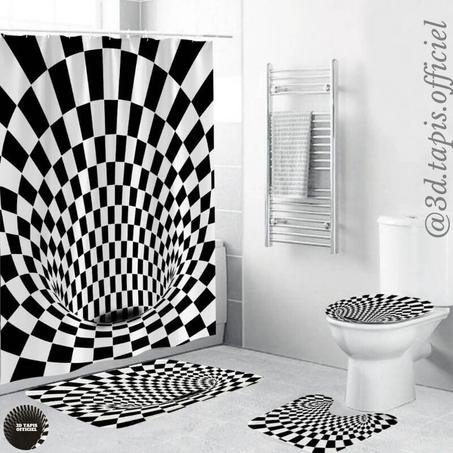 Ensemble de rideaux de douche (12 crochets), tapis de piédestal, couvercle de toilette, tapis de bain en vortex illusion 3D