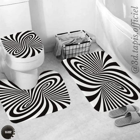 Ensemble de tapis de piédestal, couvercle de toilette, tapis de bain en illusion vortex 3D