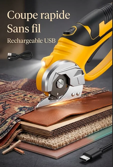 Ciseaux Électriques Sans Fil Rechargeables avec Lumière LED – Outil de Coupe Rotatif pour Tissu, Cuir, Tapis, Carton