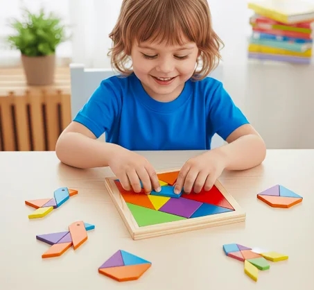 Jeu Tangram en Bois Éducatif 8 Pièces – Développement de l’Intelligence & Créativité pour Enfants