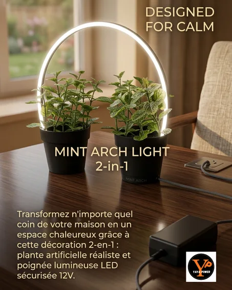 Plante Décorative Lumineuse LED 12V avec Double Pot de Menthe Artificielle