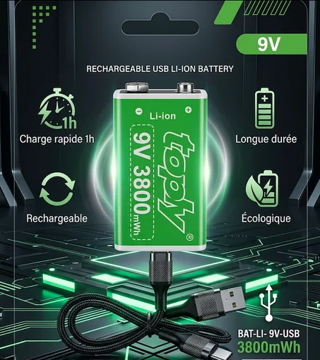 Batterie Toply 9V Lithium-Ion Rechargeable USB Type-C – 500mAh – 3800mWh – Charge Rapide