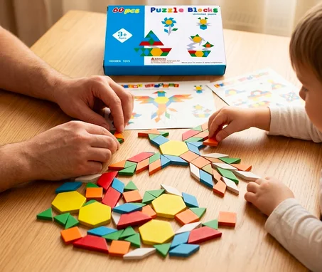 Jeu de Puzzle en Bois 60 Pièces - Blocs Géométriques de Construction Créative