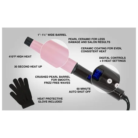 CI9538 Pro 1 "-1.5" Pearl Ceramic Conical Curling Wand، Digital Controls + 10 Heat Settings، Black / Pink