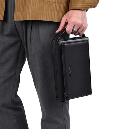 Pochette décontractée pour homme en PU avec fermeture éclair, grande capacité, étui multifonctionnel pour téléphone portable et clés