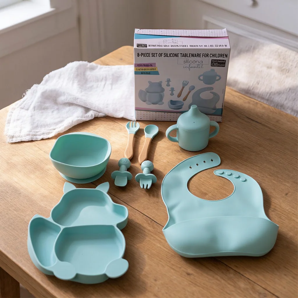 Kit Repas Bébé de 8 Pièces en Silicone avec Bavoir, Assiette Compartimentée, Bol à Ventouse, Tasse à Poignées, Cuillères et Fourchettes