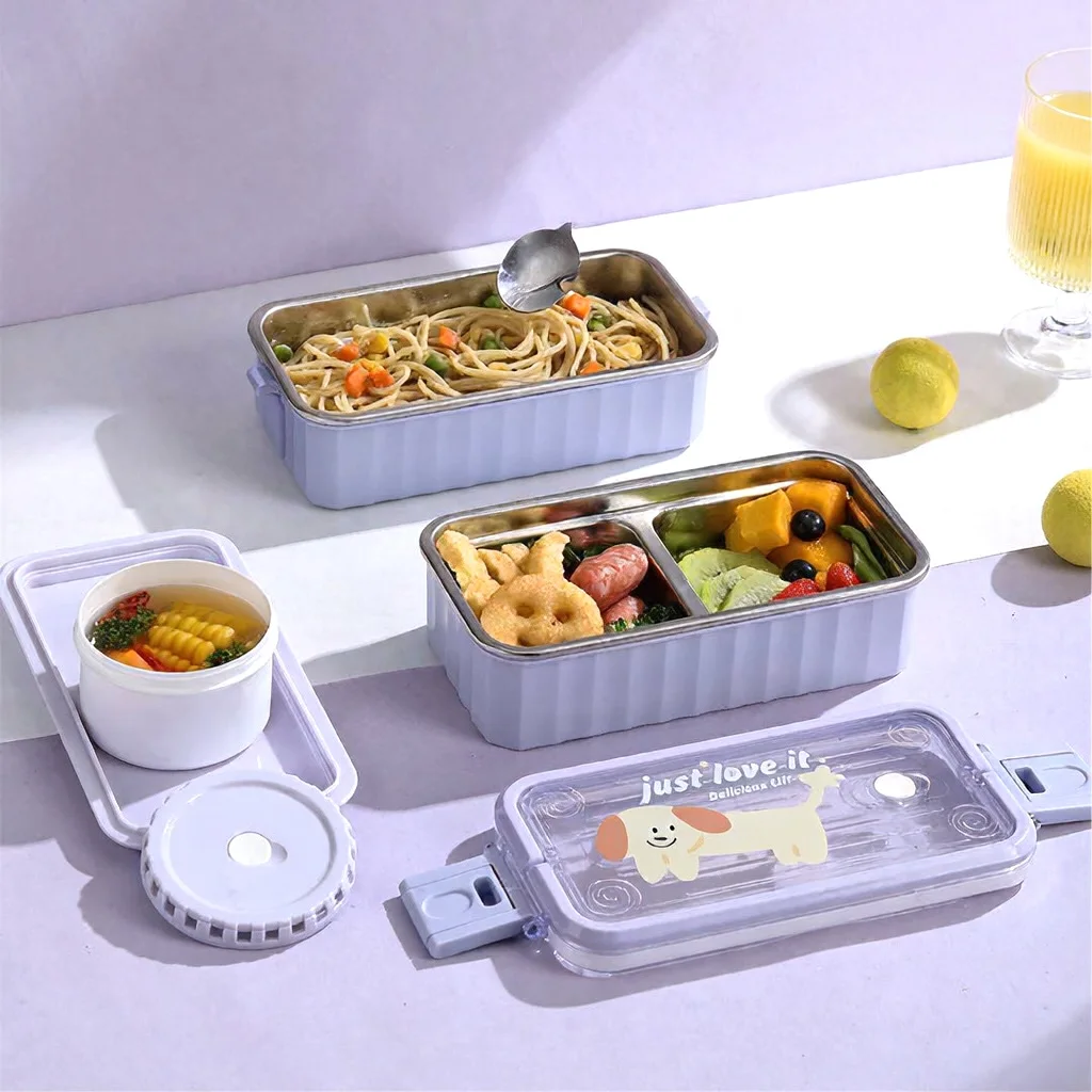Lunch Box 2 Étages en Inox à Couvercle Transparent, Boîte Repas Isotherme avec Cuillère et Pot à Sauce JFG-30Y