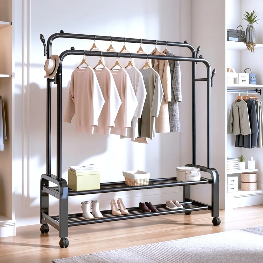 Penderie Mobile à Roulettes et Porte Vêtements à Double Barre et Supports de Rangement à Chaussures