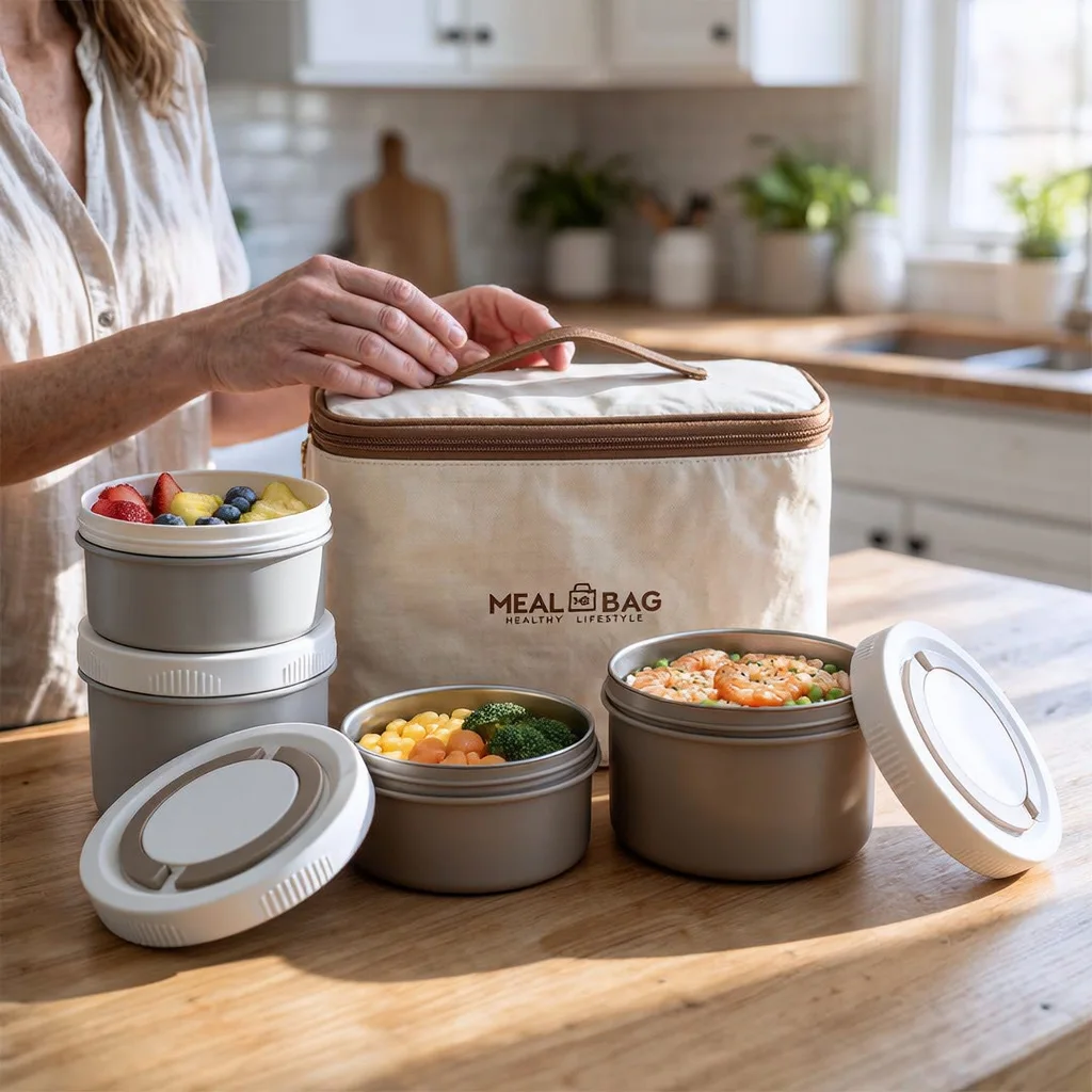 Kit Lunch Box de 4 Boîtes Alimentaires en Acier Inoxydable et Sac Isotherme de Transport