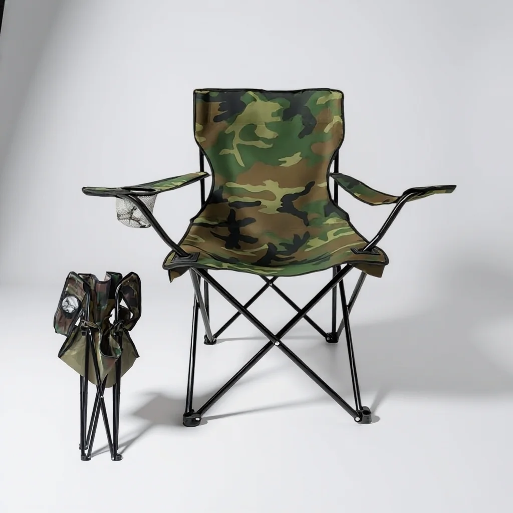 Chaise de Camping Pliante à Accoudoirs Porte-Gobelet Légère au Design Militaire