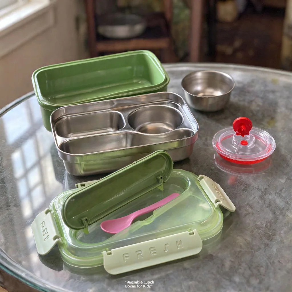 Lunch Box 3 Compartiments en Inox avec Boîte à Sauce et Cuillère, Boîte à Déjeuner à Couvercle Transparent JFG_4Y