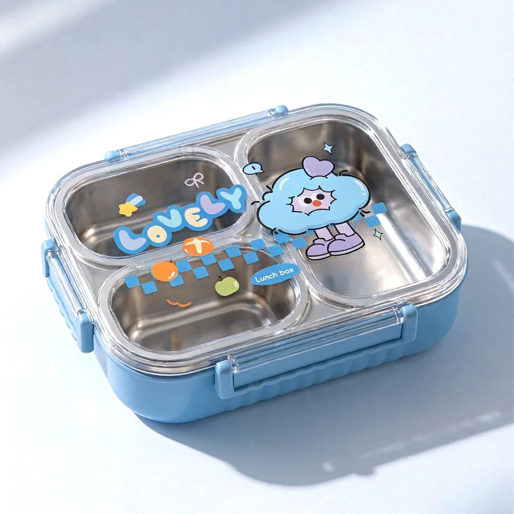 Lunch Box Enfants et Adultes 3 Compartiments en Inox avec Cuillère et Fourchette, Boîte à Déjeuner à Couvercle Transparent JFG_23Y