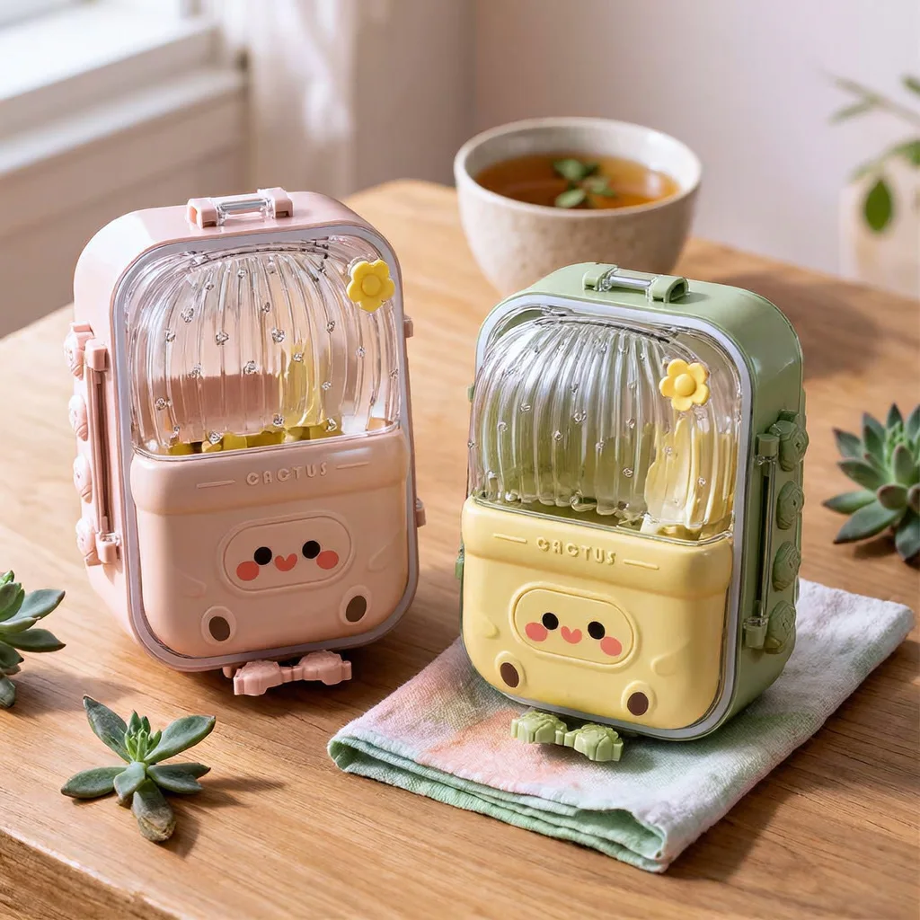 Lunch Box Enfant à 3 Compartiments en Inox avec Cuillère et Fourchette, Boîte à Déjeuner Cute Cactus JFG_22Y