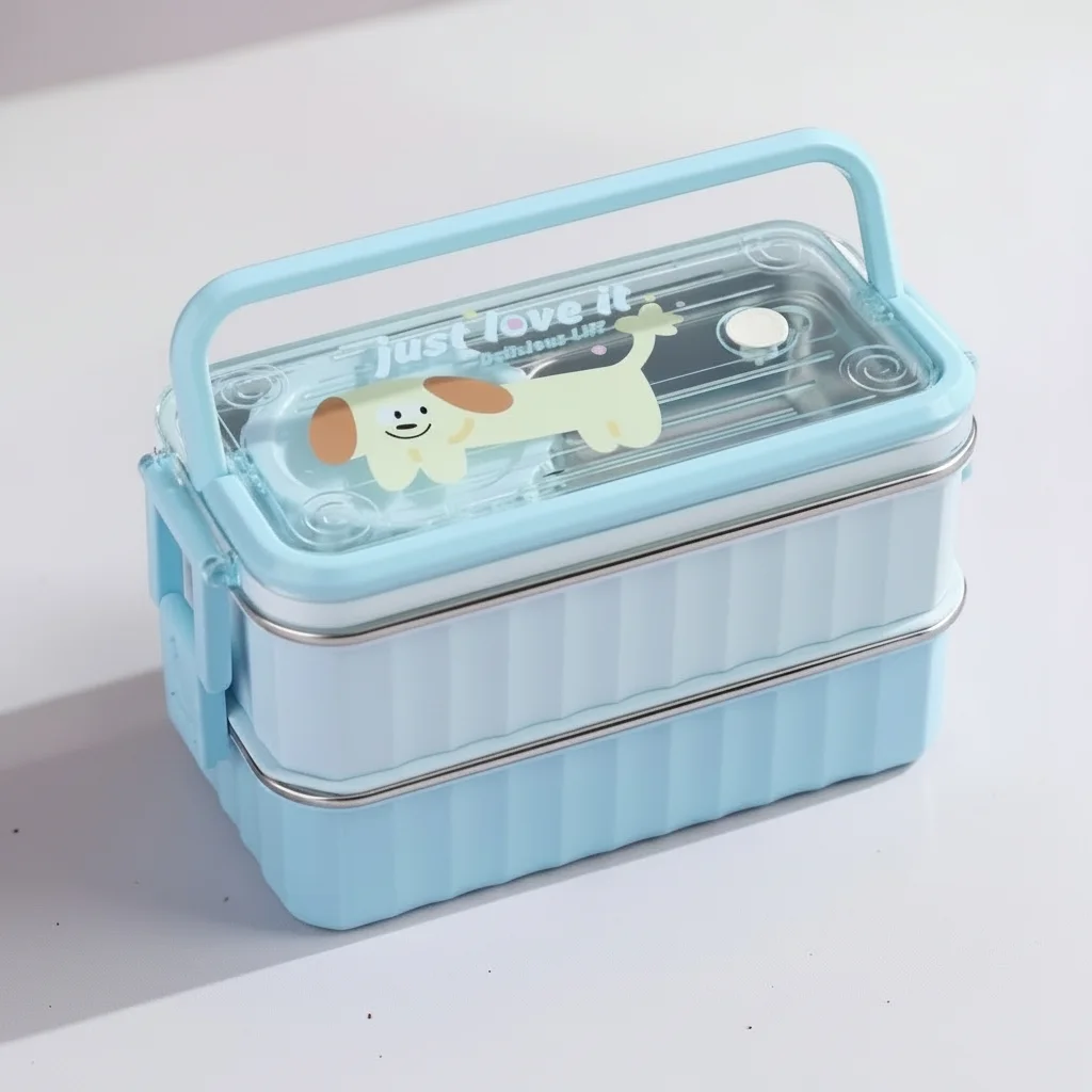 Lunch Box 2 Étages en Inox à Couvercle Transparent, Boîte Repas Isotherme avec Cuillère et Pot à Sauce JFG-30Y