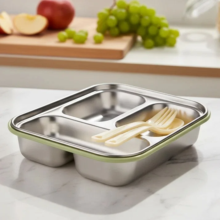 Lunch Box Enfant à 3 Compartiments en Inox avec Cuillère et Fourchette, Boîte à Déjeuner Cute Cactus JFG_22Y