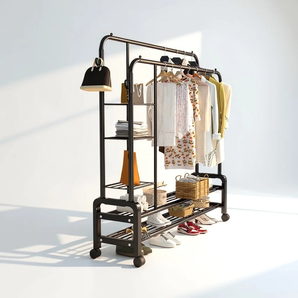 Dressing Ouvert à Roulettes et Porte Vêtements Mobile avec Double Tringle et Étagères Étagères