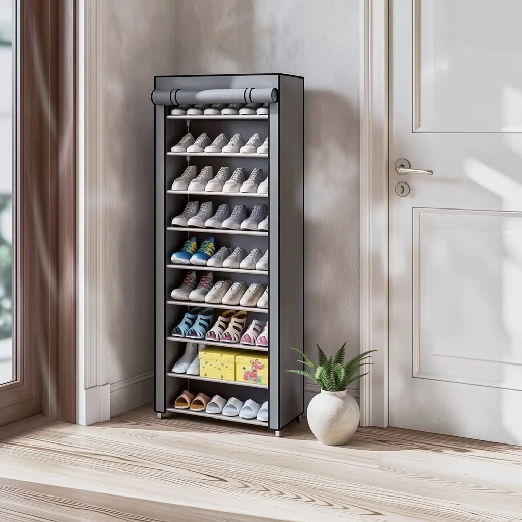 Armoire à Chaussures et Meuble de Rangement 9 Niveaux avec Housse de Protection Anti-Poussière