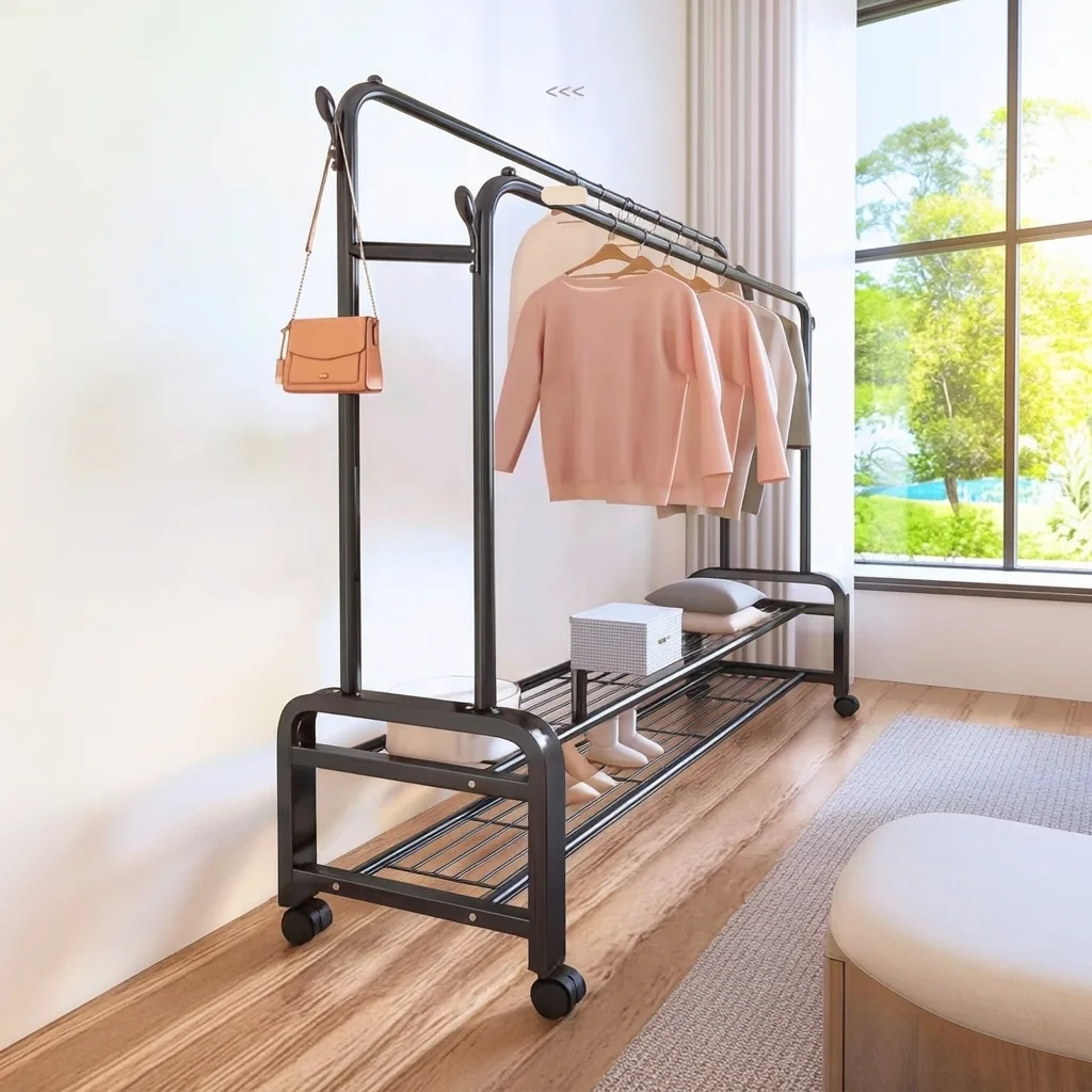 Penderie Mobile à Roulettes et Porte Vêtements à Double Barre et Supports de Rangement à Chaussures