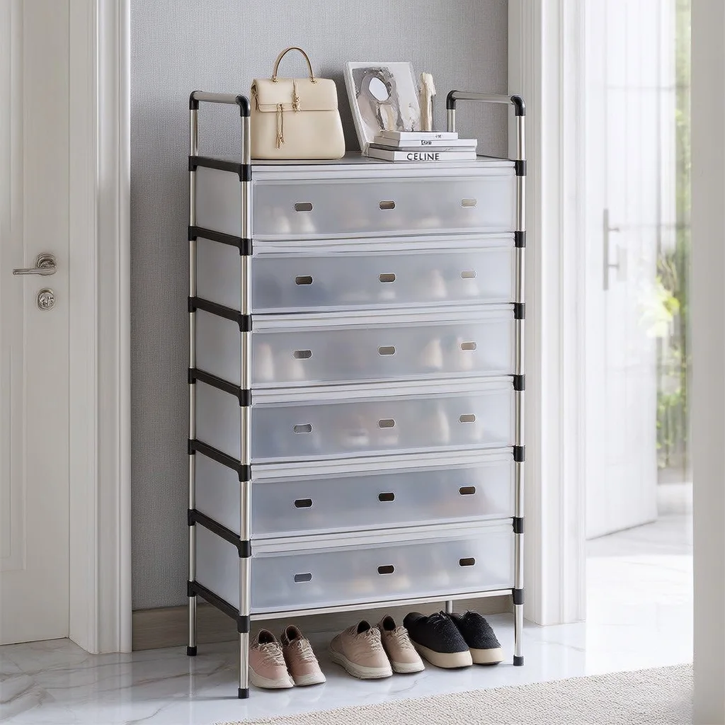 Placard à Chaussures et Meuble de Rangement à 7 Étagères avec Portes de Protection en Plastique