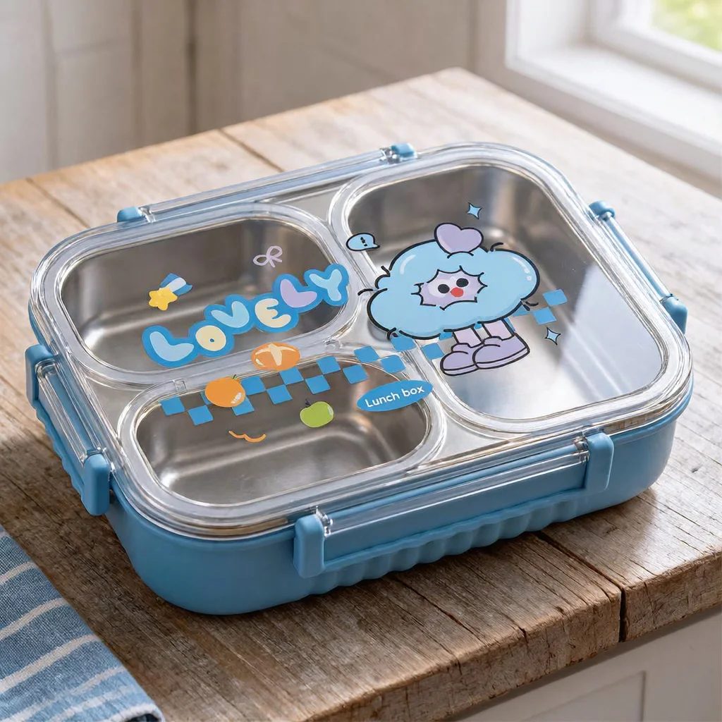 Lunch Box Enfants et Adultes 3 Compartiments en Inox avec Cuillère et Fourchette, Boîte à Déjeuner à Couvercle Transparent JFG_23Y
