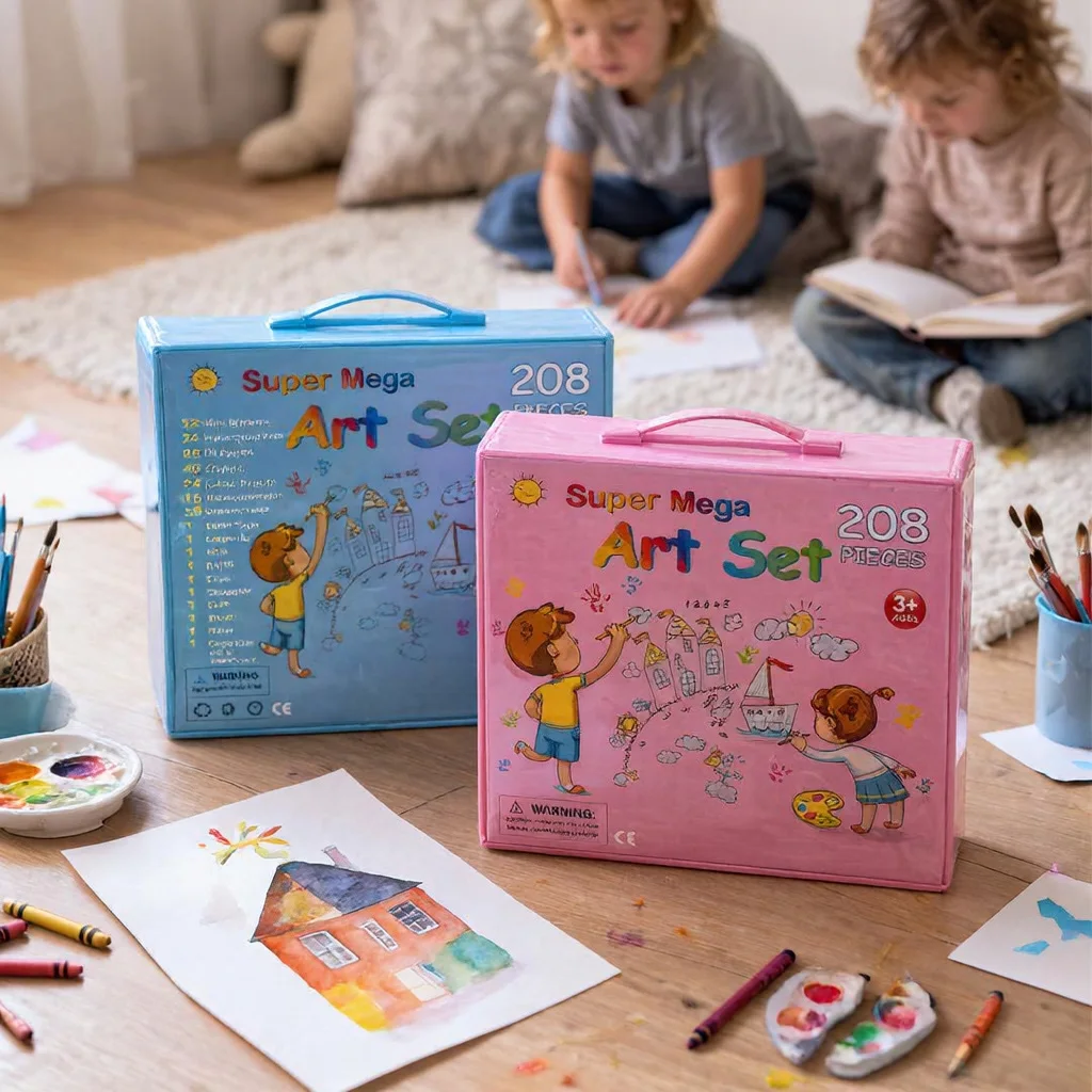 Coffret Artistique Créatif de Dessin, Coloriage et Peinture Super Mega Art Set 208 Pièces pour Enfant dès 3 Ans