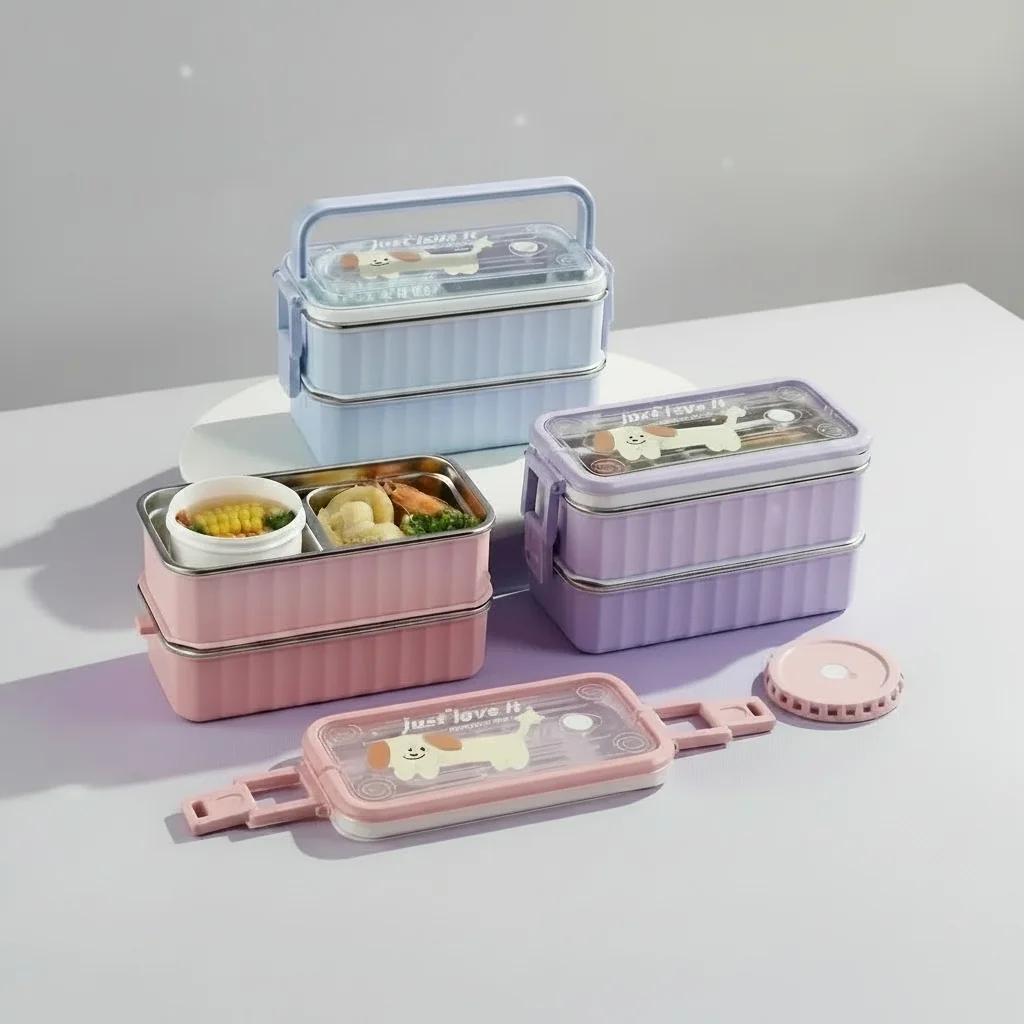 Lunch Box 2 Étages en Inox à Couvercle Transparent, Boîte Repas Isotherme avec Cuillère et Pot à Sauce JFG-30Y