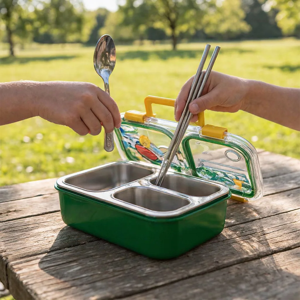 Lunch Box Enfant à 3 Compartiments en Inox avec Cuillère et Baguettes, Boîte à Déjeuner Scolaire JFG_31Y