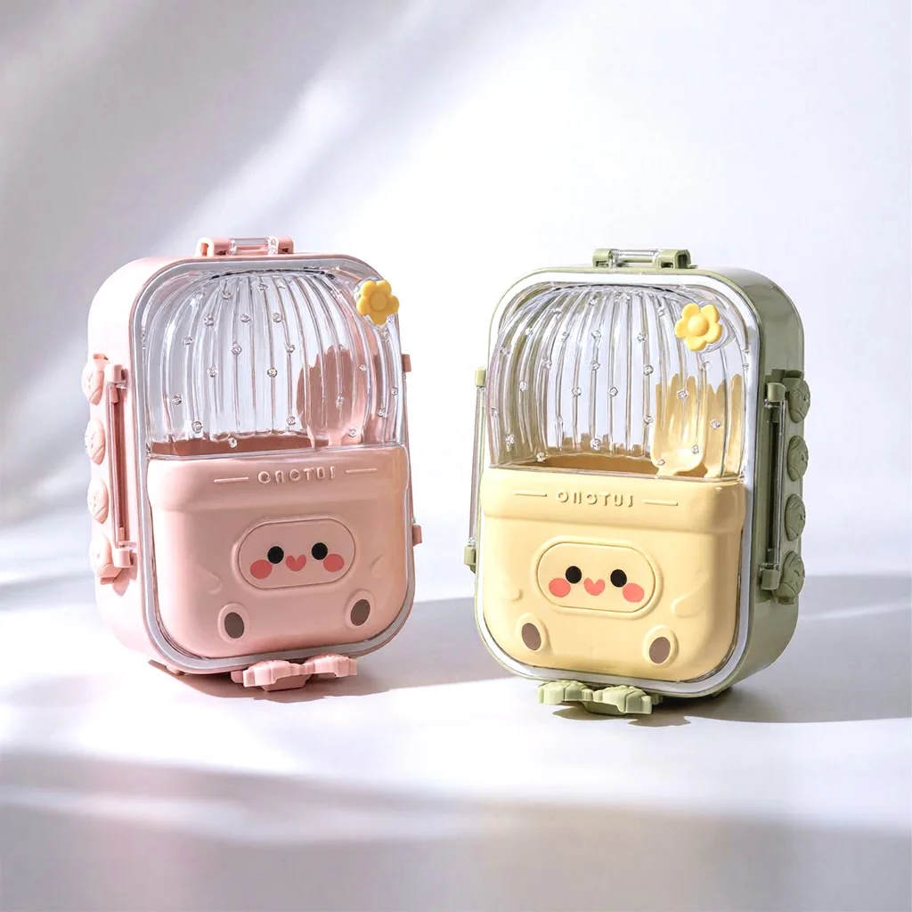 Lunch Box Enfant à 3 Compartiments en Inox avec Cuillère et Fourchette, Boîte à Déjeuner Cute Cactus JFG_22Y