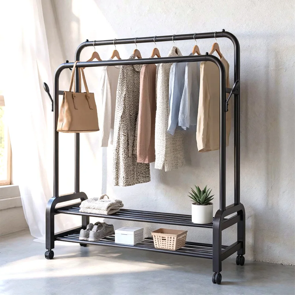 Penderie Mobile à Roulettes et Porte Vêtements à Double Barre et Supports de Rangement à Chaussures