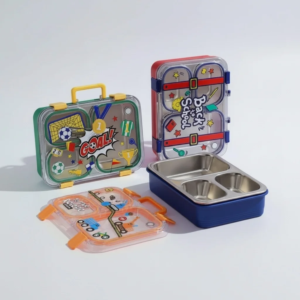 Lunch Box Enfant à 3 Compartiments en Inox avec Cuillère et Baguettes, Boîte à Déjeuner Scolaire JFG_31Y