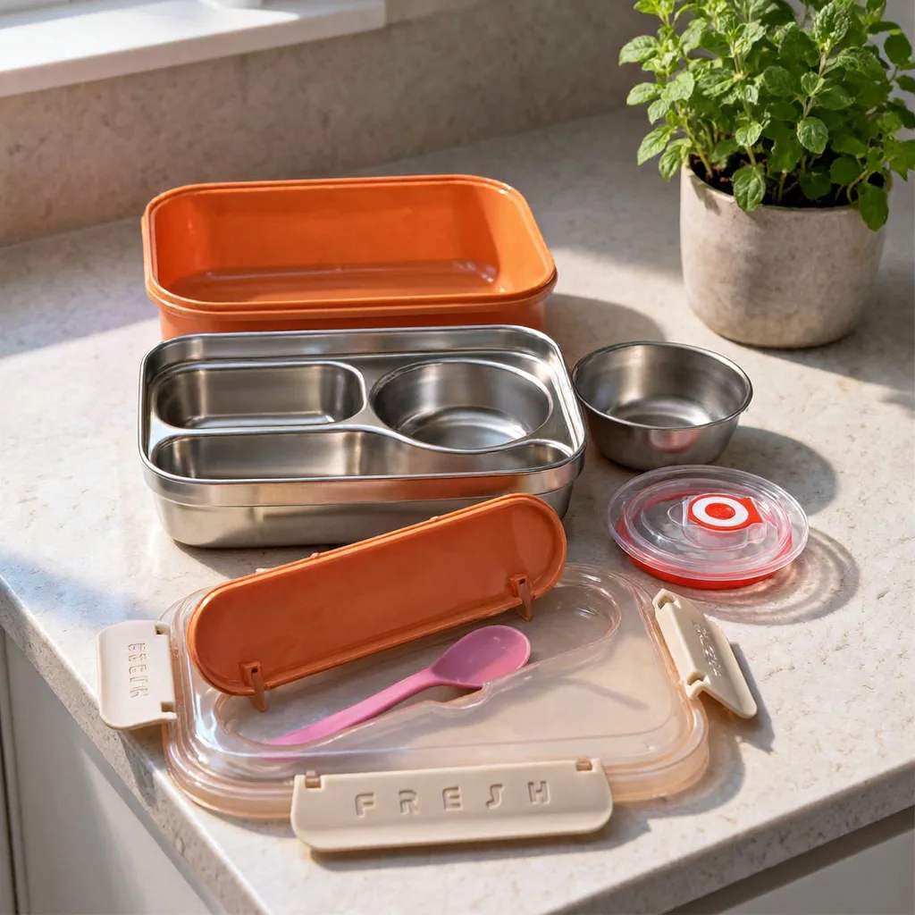Lunch Box 3 Compartiments en Inox avec Boîte à Sauce et Cuillère, Boîte à Déjeuner à Couvercle Transparent JFG_4Y
